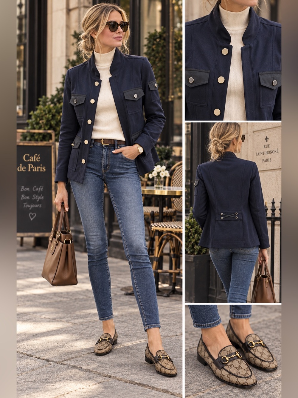 TanJay Navy Military-Style Button Blazer with Silver Accents NWOT